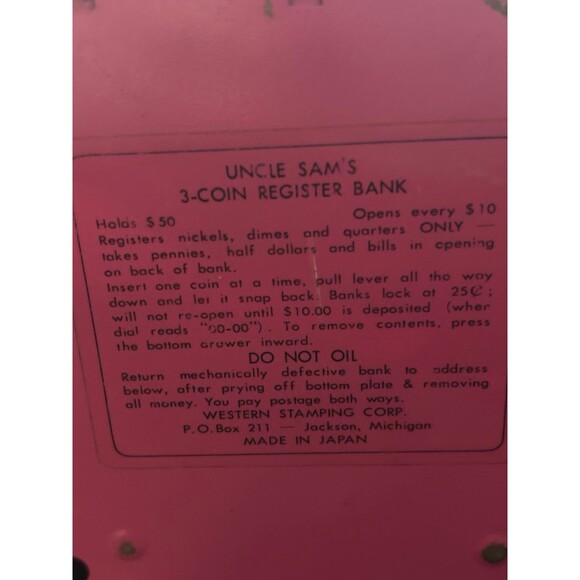 Vintage 1970’s Uncle Sam’s 3 Coin Register Bank Pink - Picture 4 of 4